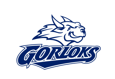 Gorloks wordmark with mascot head, blue variant, cell 21