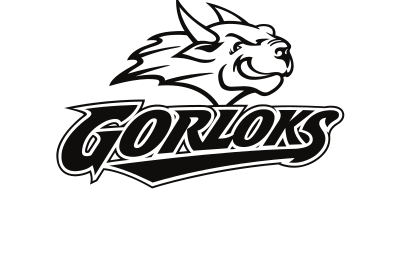Gorloks wordmark with mascot head, black variant, cell 22