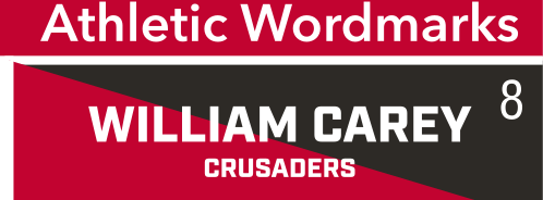 WILLIAM CAREY CRUSADERS wordmark, white on red background variant, cell 8