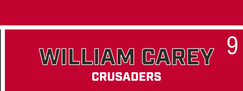 WILLIAM CAREY CRUSADERS wordmark, red on black background variant, cell 9