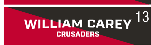 WILLIAM CAREY CRUSADERS wordmark, italic white on red background variant, cell 13
