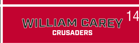 WILLIAM CAREY CRUSADERS wordmark, italic red on black background variant, cell 14