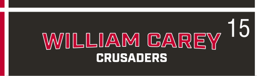 WILLIAM CAREY CRUSADERS wordmark, italic red on black background variant, cell 15