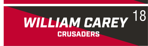 WILLIAM CAREY CRUSADERS wordmark, slanted white on red background variant, cell 18