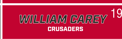 WILLIAM CAREY CRUSADERS wordmark, slanted red on black background variant, cell 19