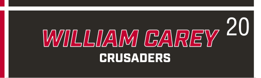 WILLIAM CAREY CRUSADERS wordmark, slanted red on black background variant, cell 20