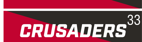 CRUSADERS wordmark, slanted white on red background variant, cell 33