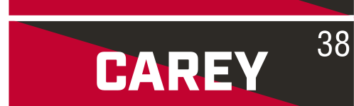 CAREY wordmark, white on red background variant, cell 38