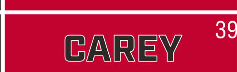 CAREY wordmark, red on black background variant, cell 39