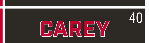 CAREY wordmark, red on black background variant, cell 40