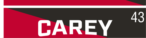 CAREY wordmark, italic white on red background variant, cell 43