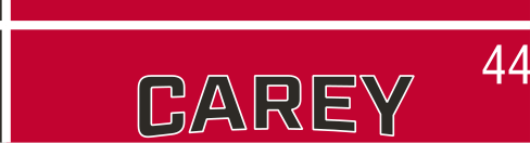 CAREY wordmark, italic red on black background variant, cell 44