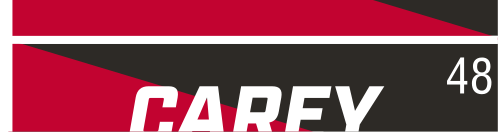 CAREY wordmark, slanted white on red background variant, cell 48