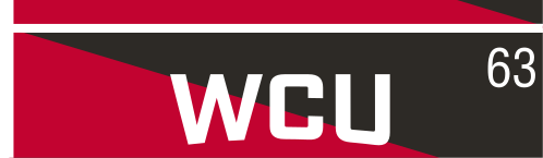 WCU lettermark, italic white on red background variant, cell 63