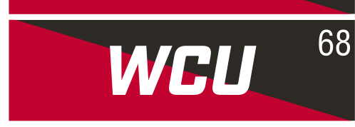 WCU lettermark, slanted white on red background variant, cell 68