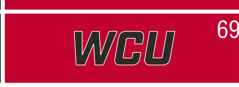 WCU lettermark, slanted red on black background variant, cell 69