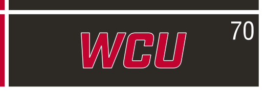 WCU lettermark, slanted red on black background variant, cell 70