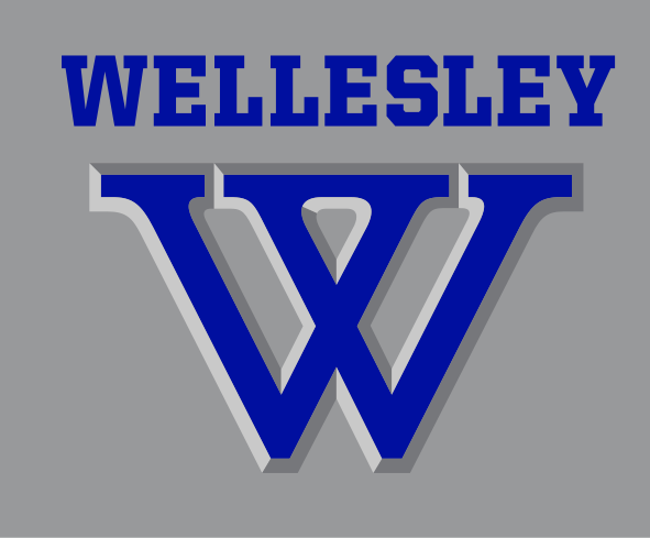 Wellesley wordmark over W lettermark, blue/grey on grey variant, cell 19