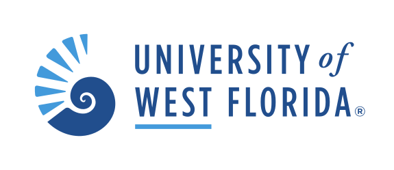 Nautilus shell and University of West Florida wordmark, horizontal, color variant, cell 121