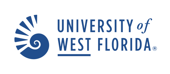 Nautilus shell and University of West Florida wordmark, horizontal, blue variant, cell 122