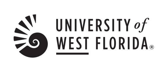 Nautilus shell and University of West Florida wordmark, horizontal, black variant, cell 123