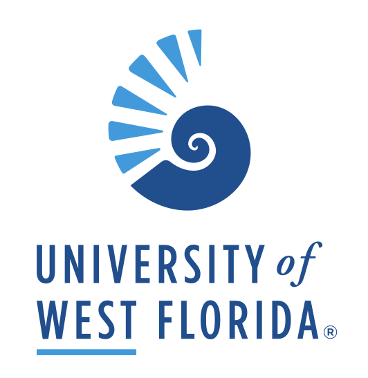 Nautilus shell and University of West Florida wordmark, stacked, color variant, cell 125