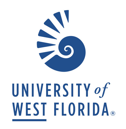 Nautilus shell and University of West Florida wordmark, stacked, blue variant, cell 126