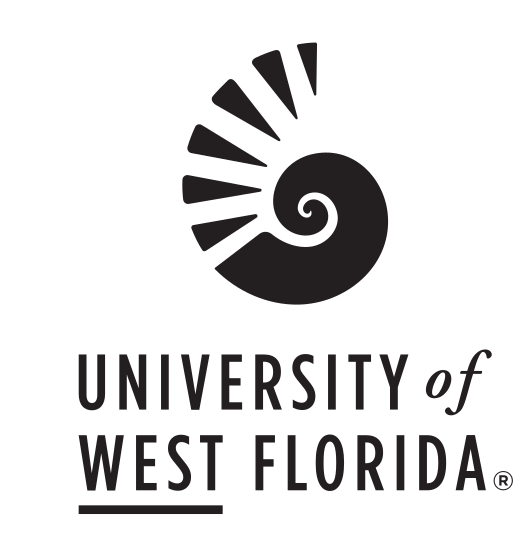 Nautilus shell and University of West Florida wordmark, stacked, black variant, cell 127