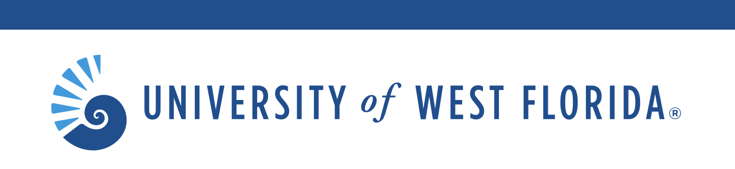 Nautilus shell and University of West Florida wordmark, long horizontal, color variant, cell 129