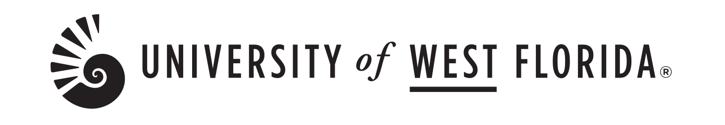 Nautilus shell and University of West Florida wordmark, long horizontal, black variant, cell 131