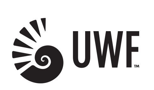 Nautilus shell and UWF lettermark, horizontal, black variant, cell 135