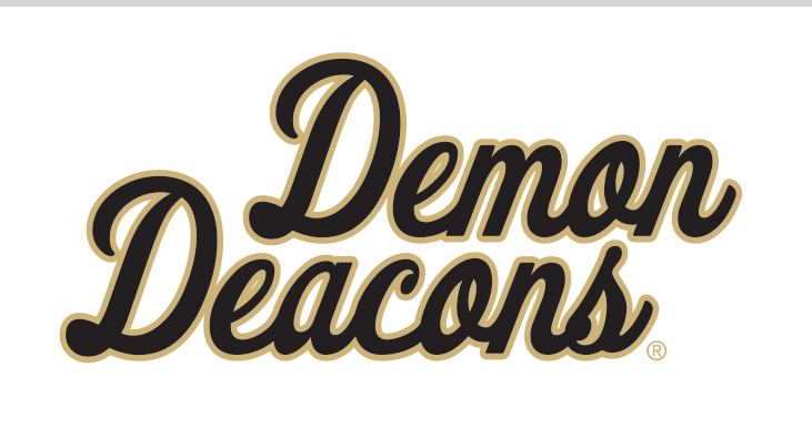 Demon Deacons wordmark, stacked script, black with gold outline variant, cell 56