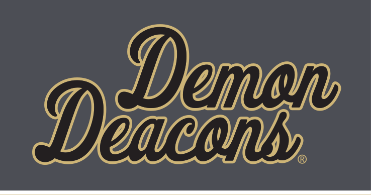 Demon Deacons wordmark, stacked script, gold outline on grey variant, cell 59