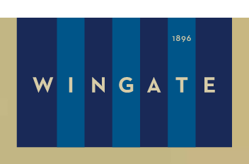 Wingate University flag logo, horizontal, blue and gold variant