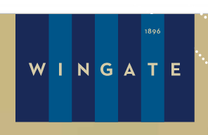 Wingate University logo, vertical, white text on blue background variant