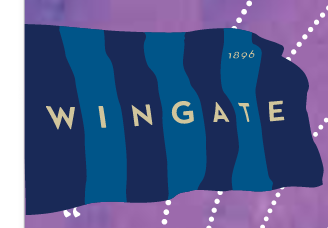 Wingate University logo, vertical, white text on blue background variant