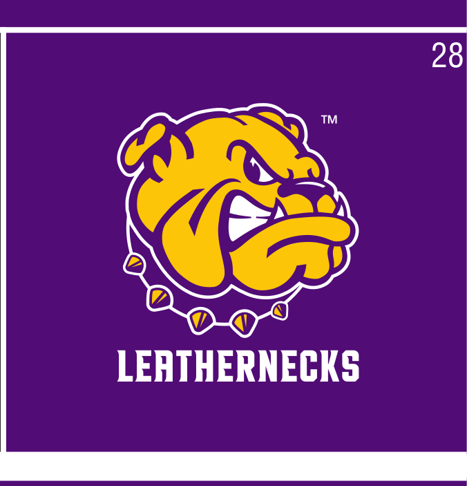 bulldog head with LEATHERNECKS wordmark, full color on purple variant, cell 28