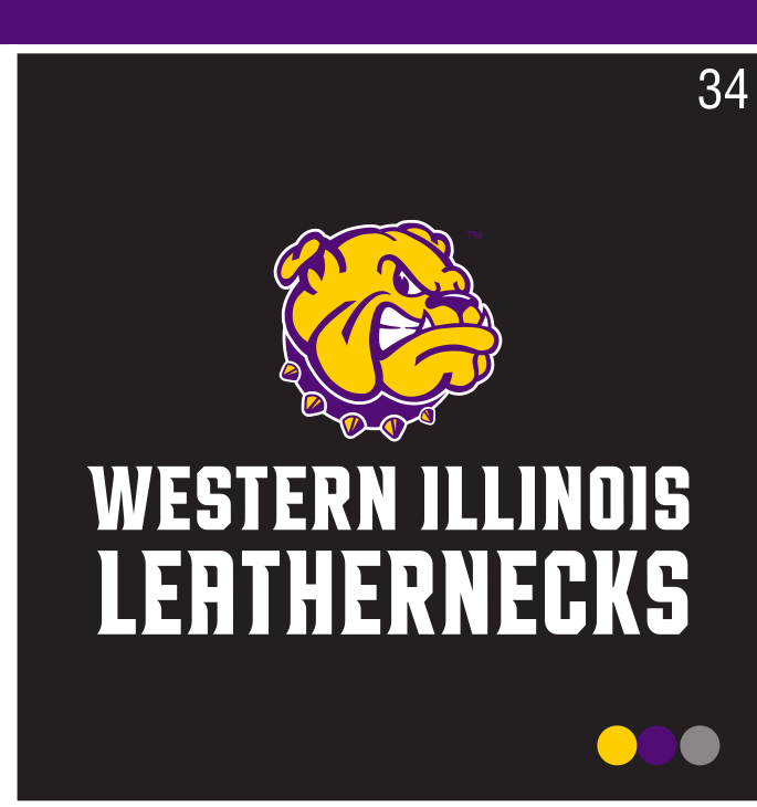 bulldog head with stacked WESTERN ILLINOIS LEATHERNECKS wordmark, full color on black variant, cell 34
