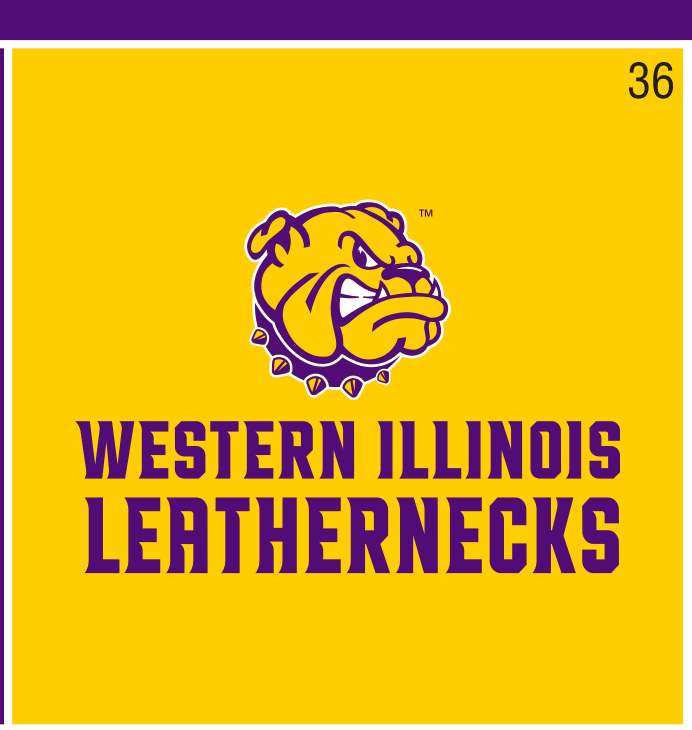 bulldog head with stacked WESTERN ILLINOIS LEATHERNECKS wordmark, full color on gold variant, cell 36