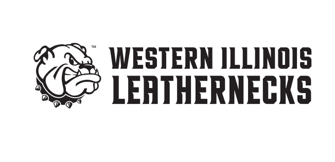 bulldog head with horizontal WESTERN ILLINOIS LEATHERNECKS wordmark, black and white on white variant, cell 45