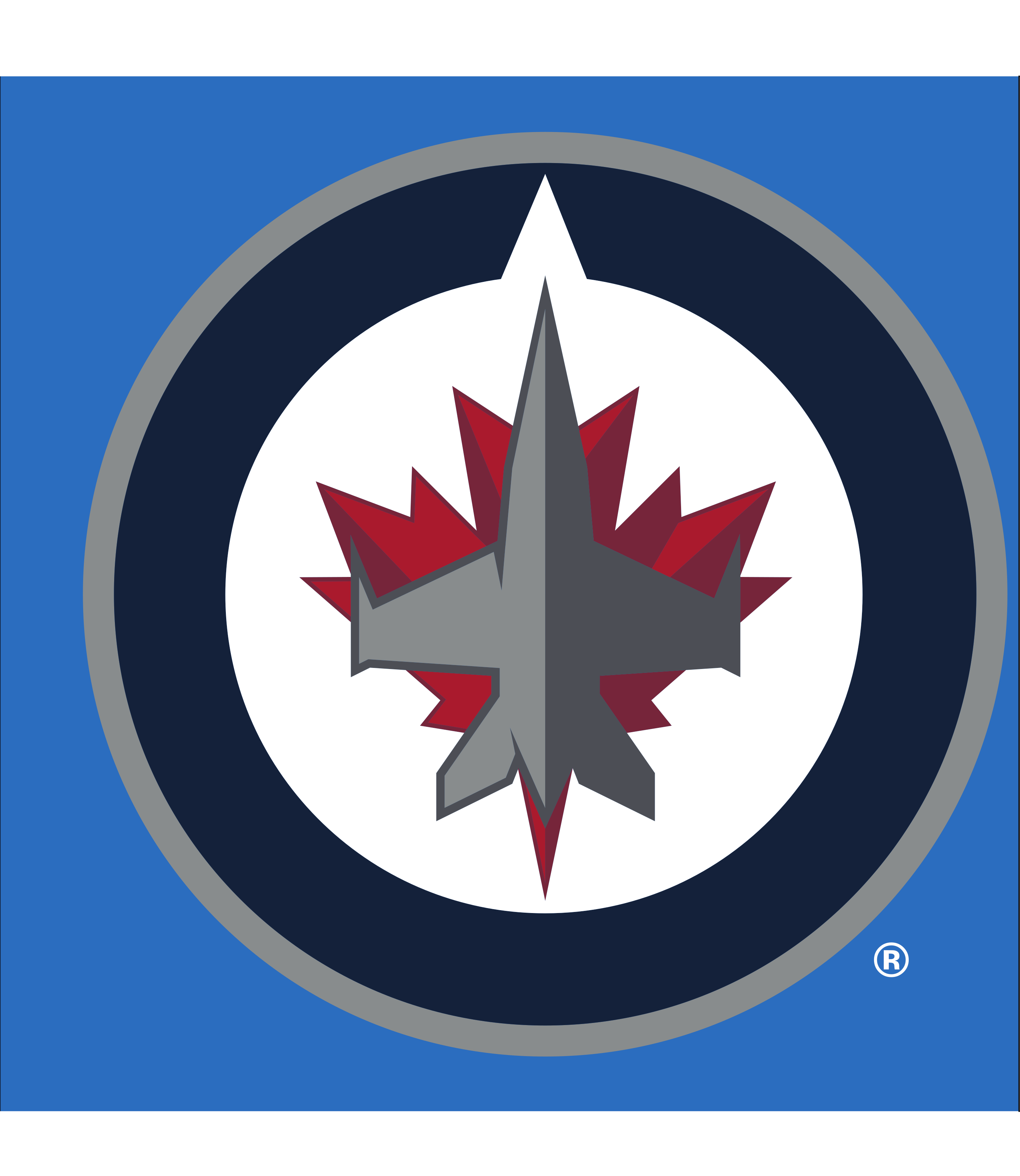 Winnipeg Jets primary logo, full color on blue background with R variant