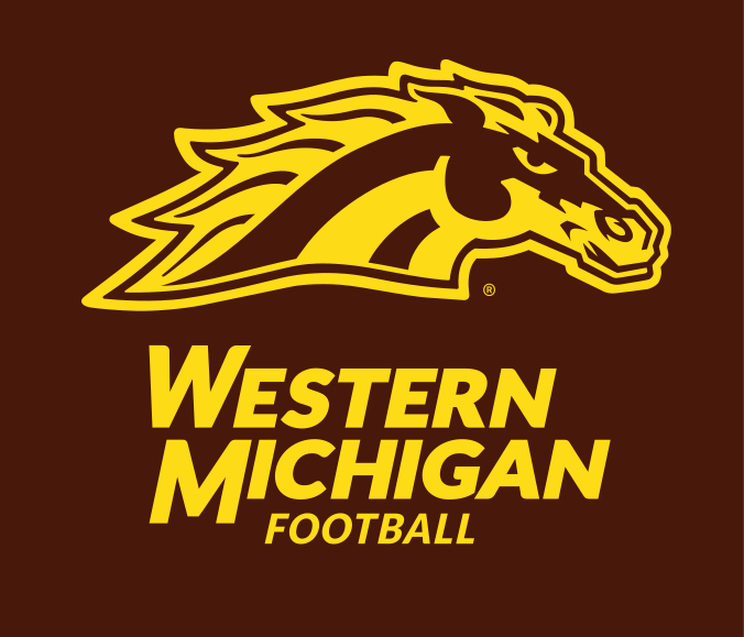 Bronco head with stacked WESTERN MICHIGAN FOOTBALL wordmark, gold/brown on brown variant, cell 35
