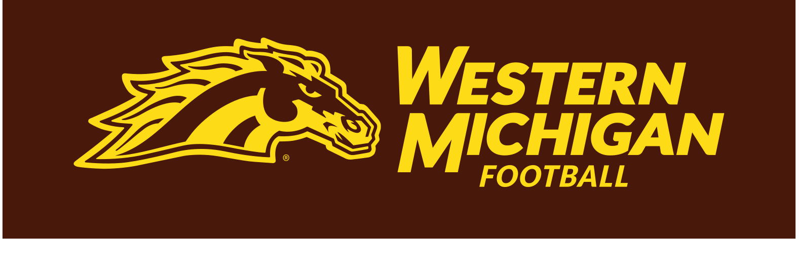 Bronco head with horizontal WESTERN MICHIGAN FOOTBALL wordmark, gold/brown on brown variant, cell 41