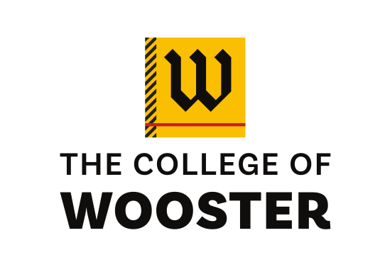 The College of Wooster logo, stacked, black/gold variant, cell 6