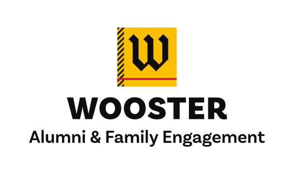 Wooster Alumni & Family Engagement logo, stacked, black/gold variant, cell 16