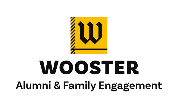 Wooster Alumni & Family Engagement logo, stacked, gold/black variant, cell 17