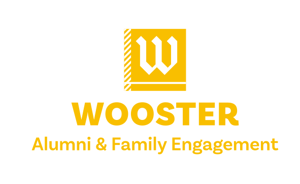 Wooster Alumni & Family Engagement logo, stacked, gold variant, cell 19