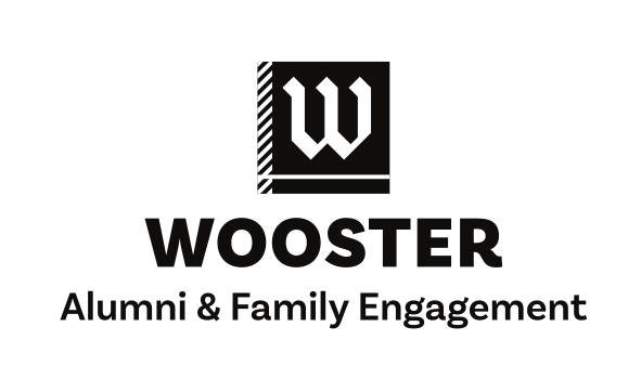 Wooster Alumni & Family Engagement logo, stacked, black variant, cell 20