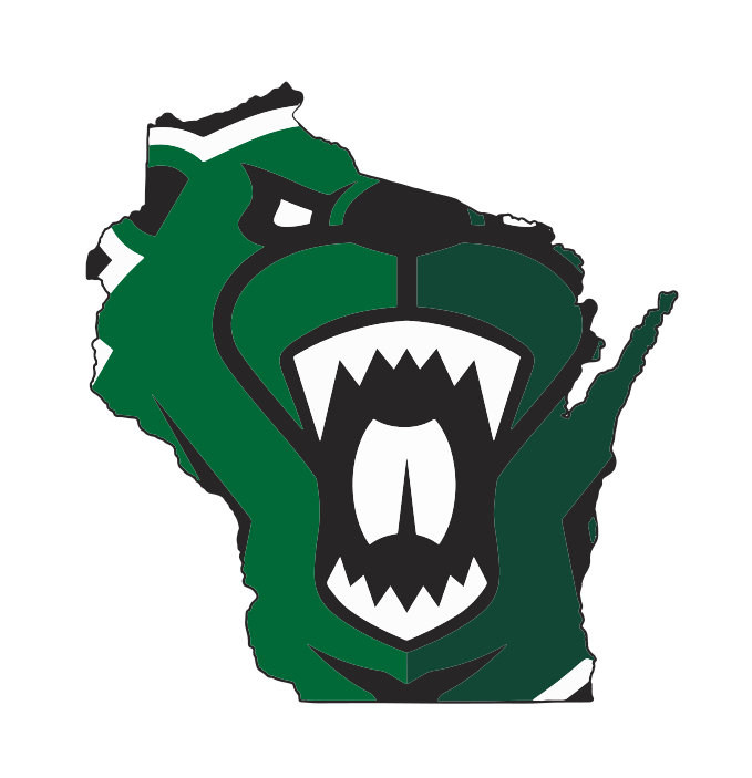 bear head mascot in Wisconsin state outline, full color variant, cell 5