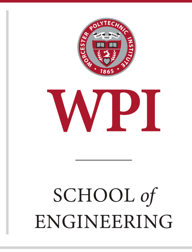WPI School of Engineering sub-brand mark, stacked with seal, red/black variant, cell 26